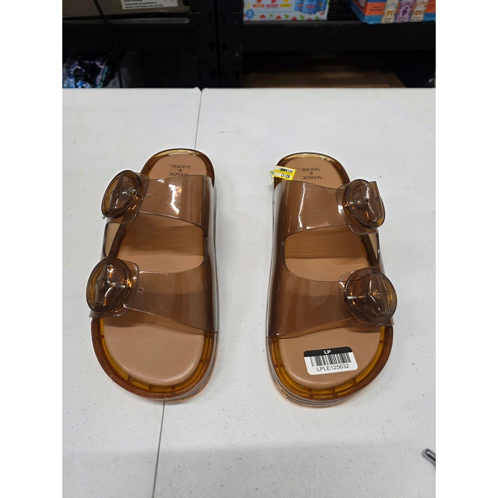 Shade & Shore Neida Jelly Slide Sandals Brown Amber Double Buckle Women Size 8